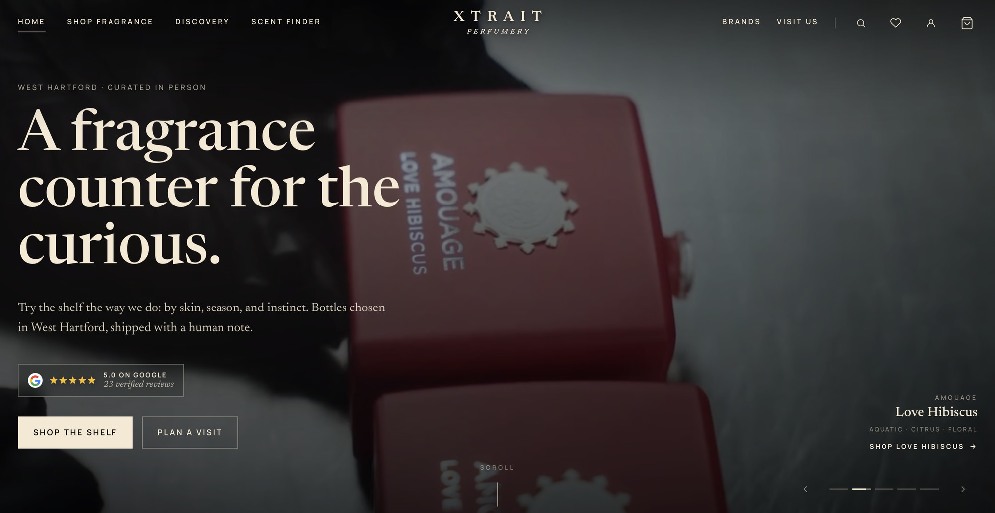 Xtrait Perfumery website after the redesign — an editorial, luxury storefront